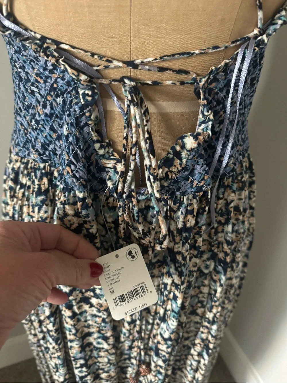 NWT Free People One I Love Floral Smocked Maxi Dress Denim, size Medium